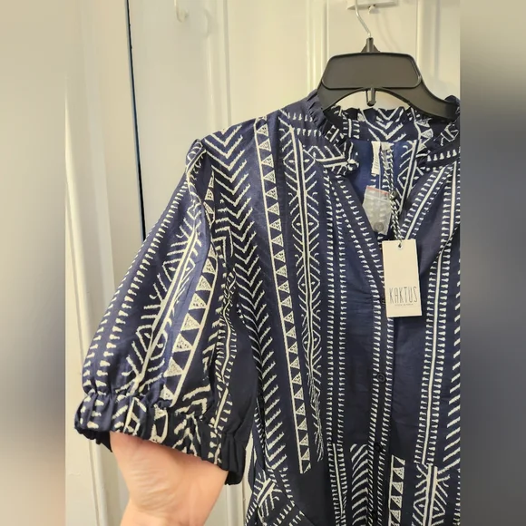 NWT KAKTUS midi length Blue printed dress size large - Picture 5 of 7